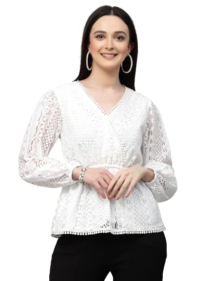Style Quotient Women White Self Design Lace Regular Smart Casual Peplum Tops