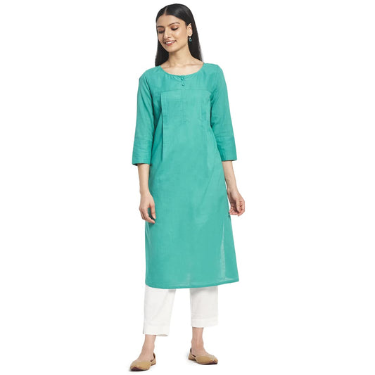 Fabindia Women Woven Round Neck Long Kurta Cotton_Green