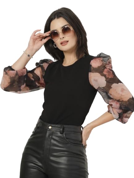 Style Quotient Women Black Top with Printed Sleeves