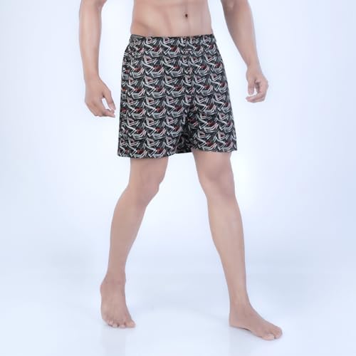 Rupa Colors PLAYSURE Collection Satin Boxers for Men, Abstract Printed, 100% Super Combed Cotton, Zip-Free, Ultrasoft Jet Black
