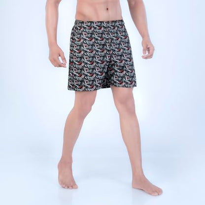 Rupa Colors PLAYSURE Collection Satin Boxers for Men, Abstract Printed, 100% Super Combed Cotton, Zip-Free, Ultrasoft Jet Black