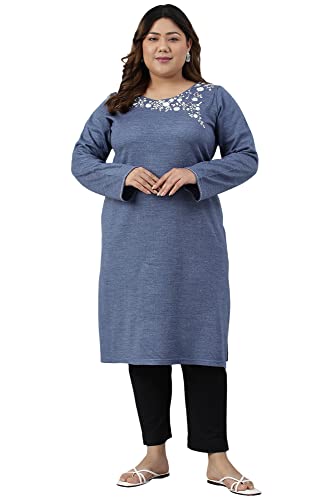 W for Woman Plus Size Blue Embroidered Asymmetrical Winter Kurta