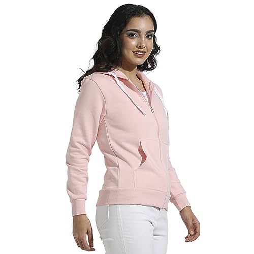 Campus Sutra Womens Light Pink Zip-Front Hoodie with Ribbed Hem for Casual Wear | Hooded Neck | Long Sleeve | Zipper Closure |