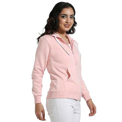 Campus Sutra Womens Light Pink Zip-Front Hoodie with Ribbed Hem for Casual Wear | Hooded Neck | Long Sleeve | Zipper Closure |