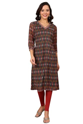 W for Woman Green Geometric Printed Chiffon Straight Kurta with Sequined Neckline