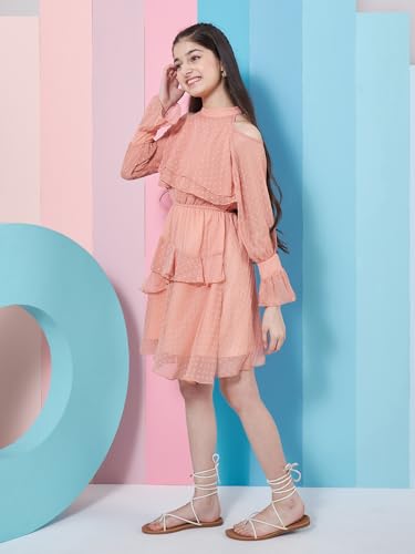 Pspeaches Girls Self Design Halter Neck Bell Sleeves Layered Ruffled A-Line Above The Knee Dress Orange Color Stylish & Trandy
