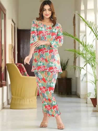 Pinkmint WomenS Pure Cotton Co Ord Set L Printed Stylish Top & Bottom Set L Wide-Leg Pant Loungewear L Day-To-Night Comfort Wea