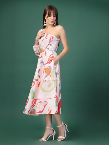OOMPH! Womens Western & Fusion wear Printed Crepe Dress for Women, One Shoulder, White - md1080