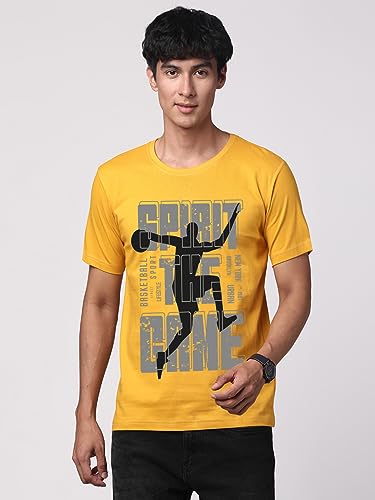 ADRO Sports Design Printed T-Shirt for Men - 100% Cotton, Regular Fit, Soft Breathable Fabric. (RN23-M-SPR-MU_Mustard)