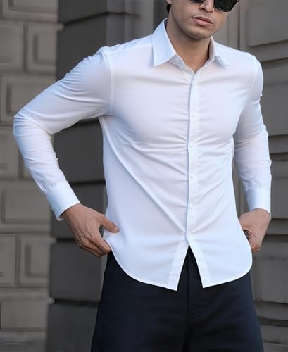 Indoprimo MenS Casual Button Down Long Sleeve Satin Plain Shirt White