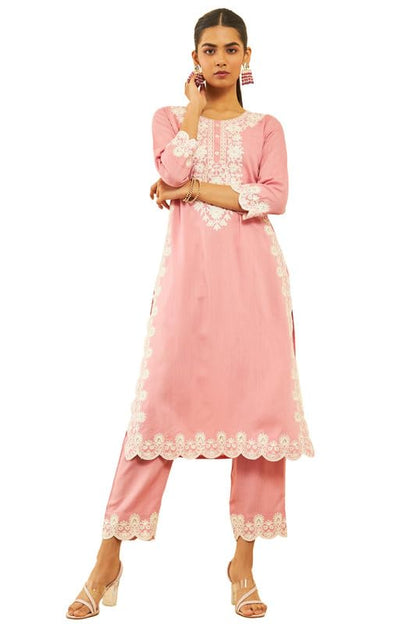 Soch Womens Onion Pink Rayon Slub Embroidered Kurta Set With Sequins