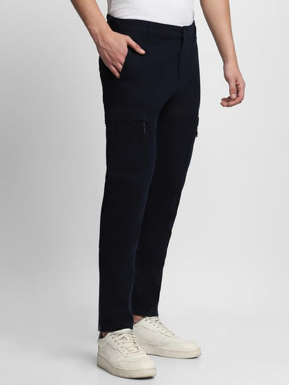 Dennis Lingo Mens Cotton Lycra Full Length Solid Slim Fit Cargo Trousers Navy