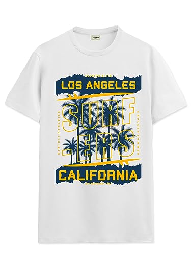 ADRO LA Surfers California Printed T-Shirt for Men - 100% Cotton, Regular Fit, Soft Breathable Fabric. (RN23-M-SRF-WH_White_XL)