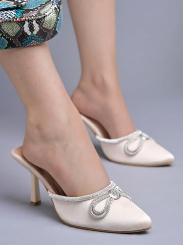Shoetopia WomenS Golden Elegant Ivory Satin Mule Heels With Crystal Bow  Pointed Toe Slip-On Dress Rhinestone For Party Or Even