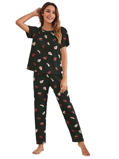 SMOWKLY Printed Round Neck Short Sleeve Night Suit Set for Women  Soft Pajama Set | Comfortable Cotton Blend Night Dress & Sleep