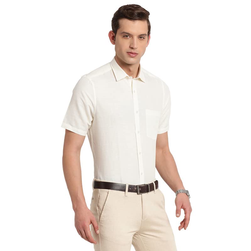 Turtle Men White Cotton Linen Solid Regular Fit Formal Shirts