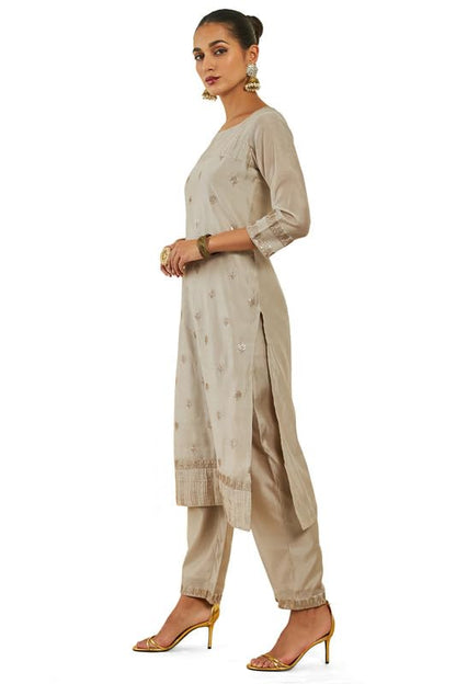 Soch Womens Beige Chanderi Kurta Set With Embroidery And Sequins