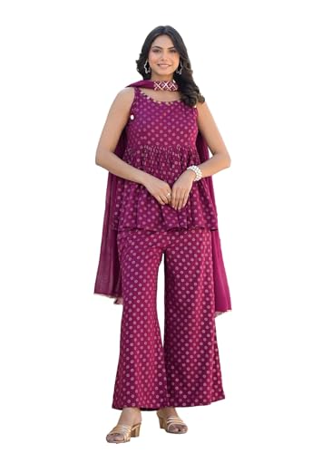 Stylum Women's Ethnic Motifs Printed Rayon Sleeveless Kurta Palazzo Dupatta Set (KPDWINESAMIA_Wine)