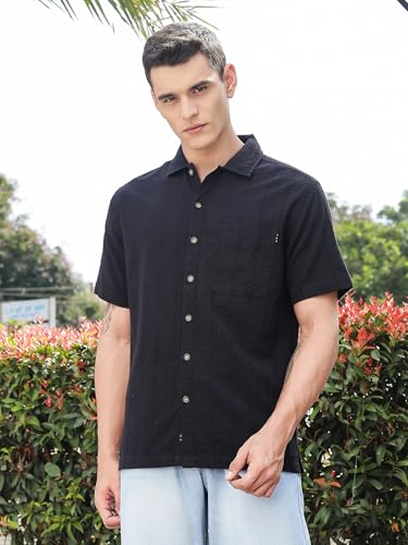Thomas Scott Mens | Stripes | Seer Sucker Fabric | Spread Collar | Half Sleeve | Casual | Shirts for Men Black