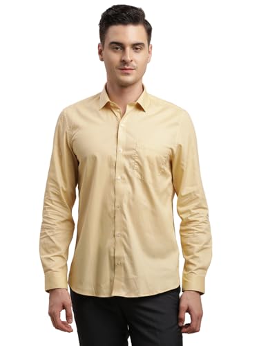 Turtle Men 100% Cotton Slim Fit Yellow Printed Formal Shirt