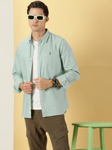 Thomas Scott Mens Solid Slim Fit Casual Shirt with Spread Collar and Long Sleeve Green