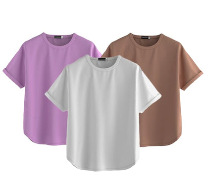 Juneberry Pure 100% Cotton Oversized Loose Baggy Fit Round Neck With Drop Shoulder White & Lilac & Cork Half Sleeves Boyfriend T