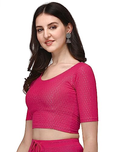 Shiv Textiles Round Neck Dobby Cotton Lycra Stretchable Elbow Sleeve Readymade Saree Blouse For Women Stylish (Pinkover Size)