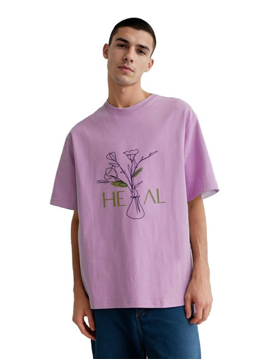Nobero MenS Graphic Print Oversized Fit T-Shirt (1M-Twrt-C0772-Mu_Mauve