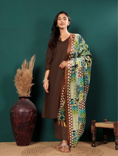 Varanga Women V Neck Straight Kurta With Pants & Dupatta