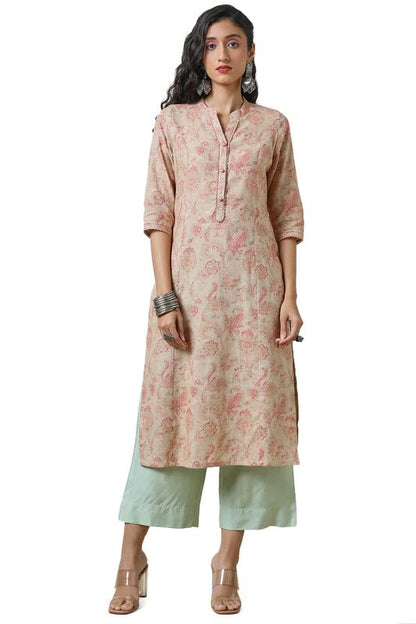 Soch Womens Beige Linen Princess Cut Ethnic Motifs Print Kurta