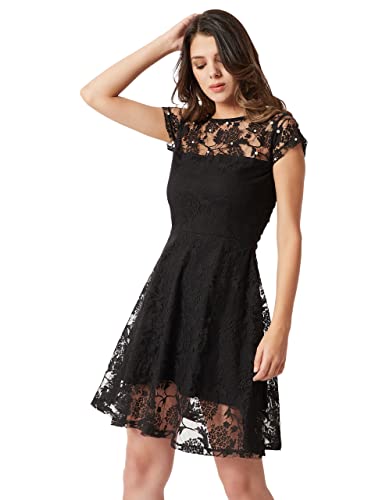 Miss Chase WomenS Designer Black Round Neck Cap Sleeves Lace Solid Embellished Mini Skater Dress With Zip Closure(Mcaw18D10-94-
