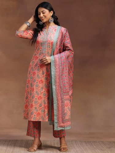 Libas Womens Printed Cotton A-Line Kurta With Trousers And Dupatta