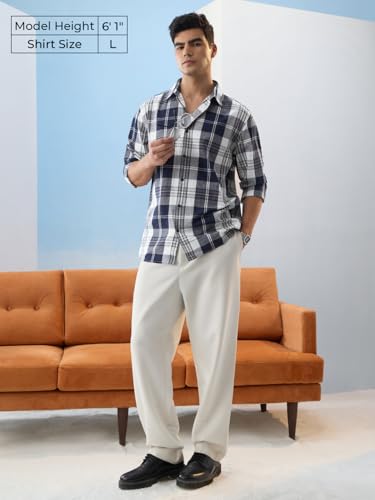 The Souled Store CottonLinen Checks: Riviera Men and Boys Long Sleeves Collareed Neck Button Front Checked Regular Fit Lightweig