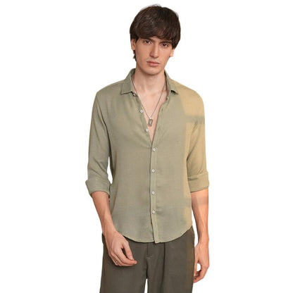 Campus Sutra Mens Sage Green Woven-Textured Shirt | Casual Wear | Spread Collar | Long Sleeve | Button Closure | Shirt Crafted