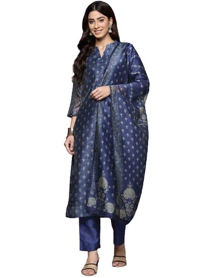 Varanga Women Blue Floral Printed Mandarin Collar Straight Kurta With Three-Quarter Sleeves, Paired With Solid Bottom And Printe