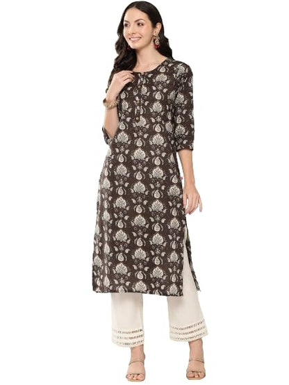 Varanga Women Grey Floral Printed Straight Kurta with Three Quarter Sleeves