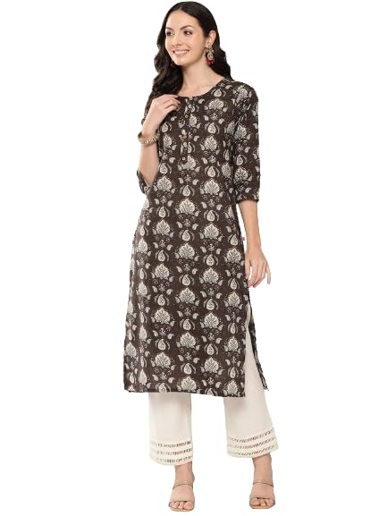 Varanga Women Grey Floral Printed Straight Kurta with Three Quarter Sleeves