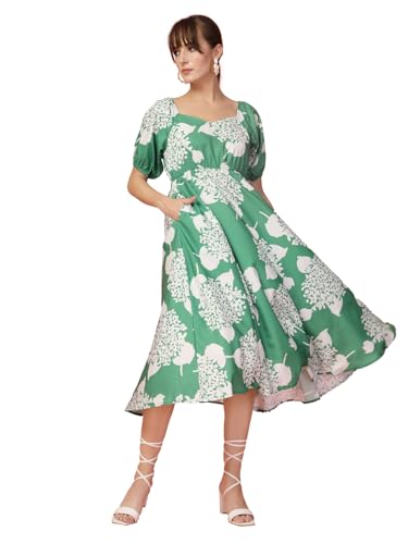 OOMPH! Womens Western & Fusion wear Printed Crepe Dress for Women, Puffed Sleeve, Green - md1039