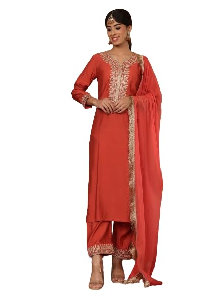 Varanga Women Silk Red Zari Embroidered Kurta with Bottom and Dupatta