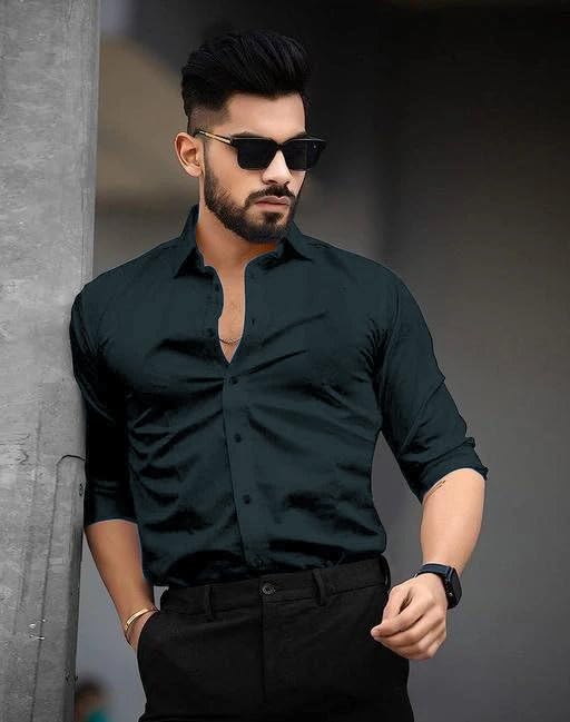 Tee Projekt Shirt for Men Cotton Plain Spread Collar Casual Shirt Parfect for ormal Wear, Home Wear, Office Wear Green