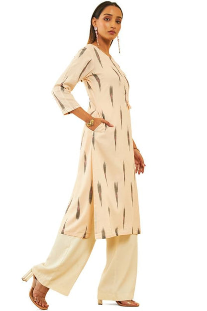 Soch Womens Beige Cotton Ikat Printed Straight Kurta With Sequins