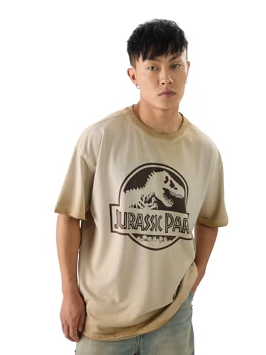 The Souled Store Official Jurassic Park: Logo Men And Boys Short Sleeves Round Neck Beige Graphic Printed Cotton Oversized T-Shi