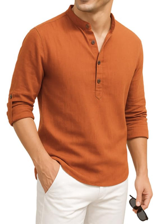 Deelmo MenS Cotton Blend Solid Regular Fit Full Sleeve Short Kurta | MenS Trendy Short Kurta Dark Orange