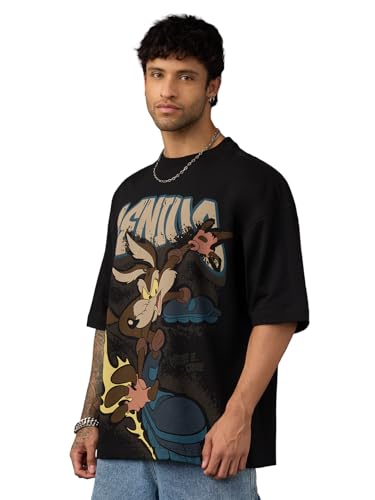 The Souled Store Looney Tunes: Skating Coyote Men and Boys Short Sleeves Round Neck Graphic Printed Distressed Oversized T-Shirt