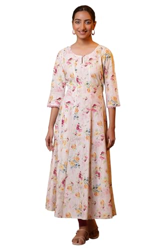 Aurelia Women? Floral Printed Lace Flared Pure Cotton Kurta | Lightweight Round Neck Kurta for Women Cotton | Floral Printed Kurta for Women | Soft & Breathable Regular Fit Kurta for Women
