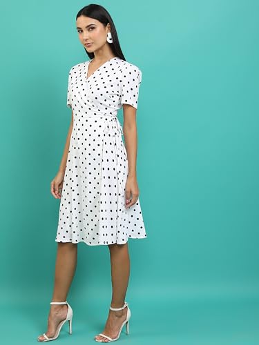 Ketch WomenS Cotton Blend Fit And Flare Wrap Dress Knee-Length Khj6000485_White/Black