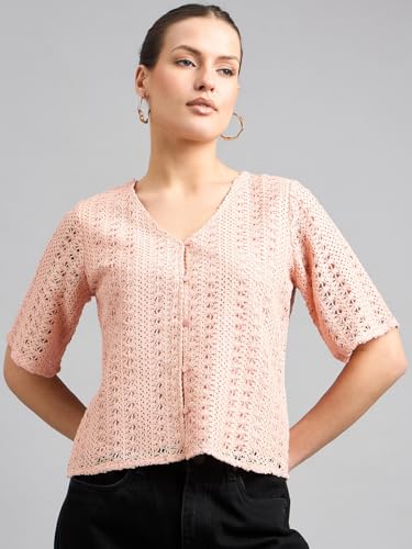 Style Quotient Women Peach Lace Casual Shirt Style Top