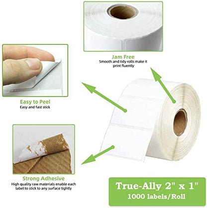 True-Ally 50x25 Direct Thermal Barcode Label Sticker - 2 x 1 inches - 50mm x 25mm - 1000 Labels Per Roll - White Self Adhesive S