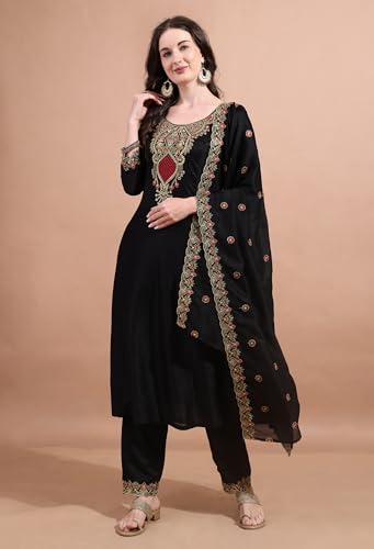 Pratham Blue WomenS Silk Embroidered Straight Kurta Palazzos With Dupatta |Kurta Set For Women |Women Kurta |Women Embroidered