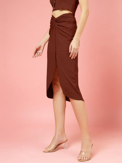 OOMPH! Ribbed Lycra Sarong Style Skirt, Brown - msk253